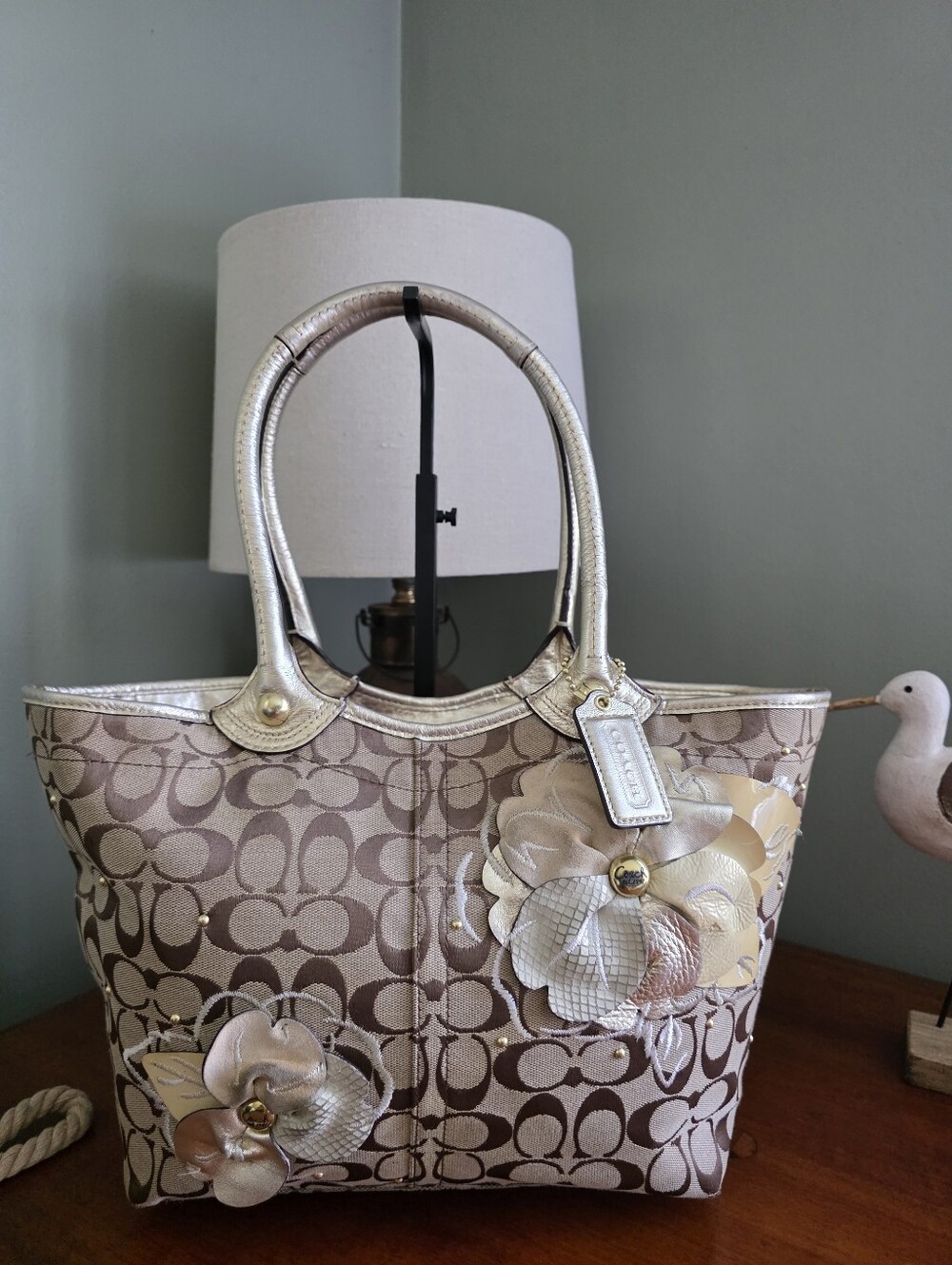 Coach Bleecker Floral F16476 Applique Tote Khaki Gold Jacquard Leather Bag Y2K
